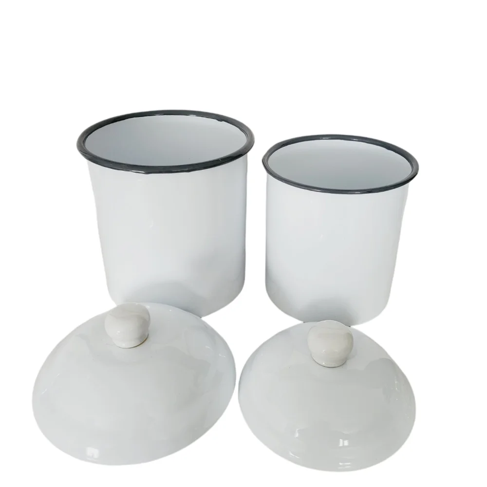 Farmhouse White Enamel Flour and Sugar Canister Set with Lids Kitchen Storage